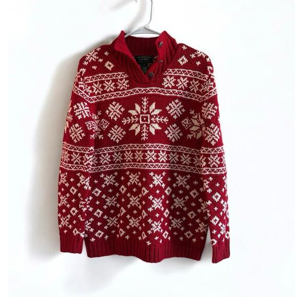 Ralph Lauren Vintage Hand Knit Red & Ivory Snowflake Mock Neck Ski Sweater Small - Picture 1 of 13